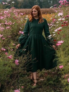 Son de Flor Scarlet Linen Dress Evergreen Size Large